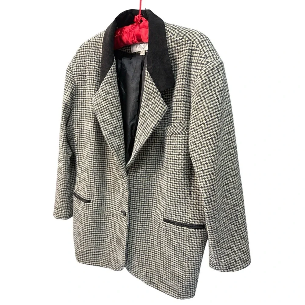 Vintage RZR Leather Wool Houndstooth Blazer Jacket Womens 24W Leather Trim EUC - Picture 3 of 10